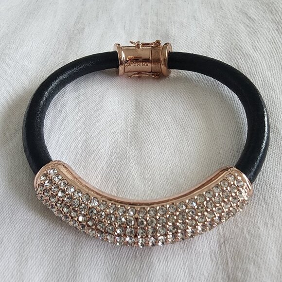 JOAN BOYCE BLACK LEATHER WITH ROSE GOLD SWAROVSKI CRYSTAL ACCENT BRACELET - Picture 1 of 2